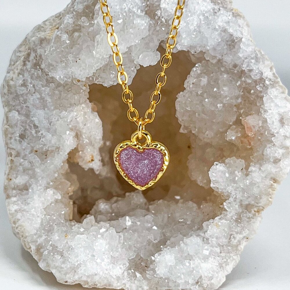 3/$20 14k Gold Violet Glitter Resin Heart Charm Handmade Pendant Necklace
